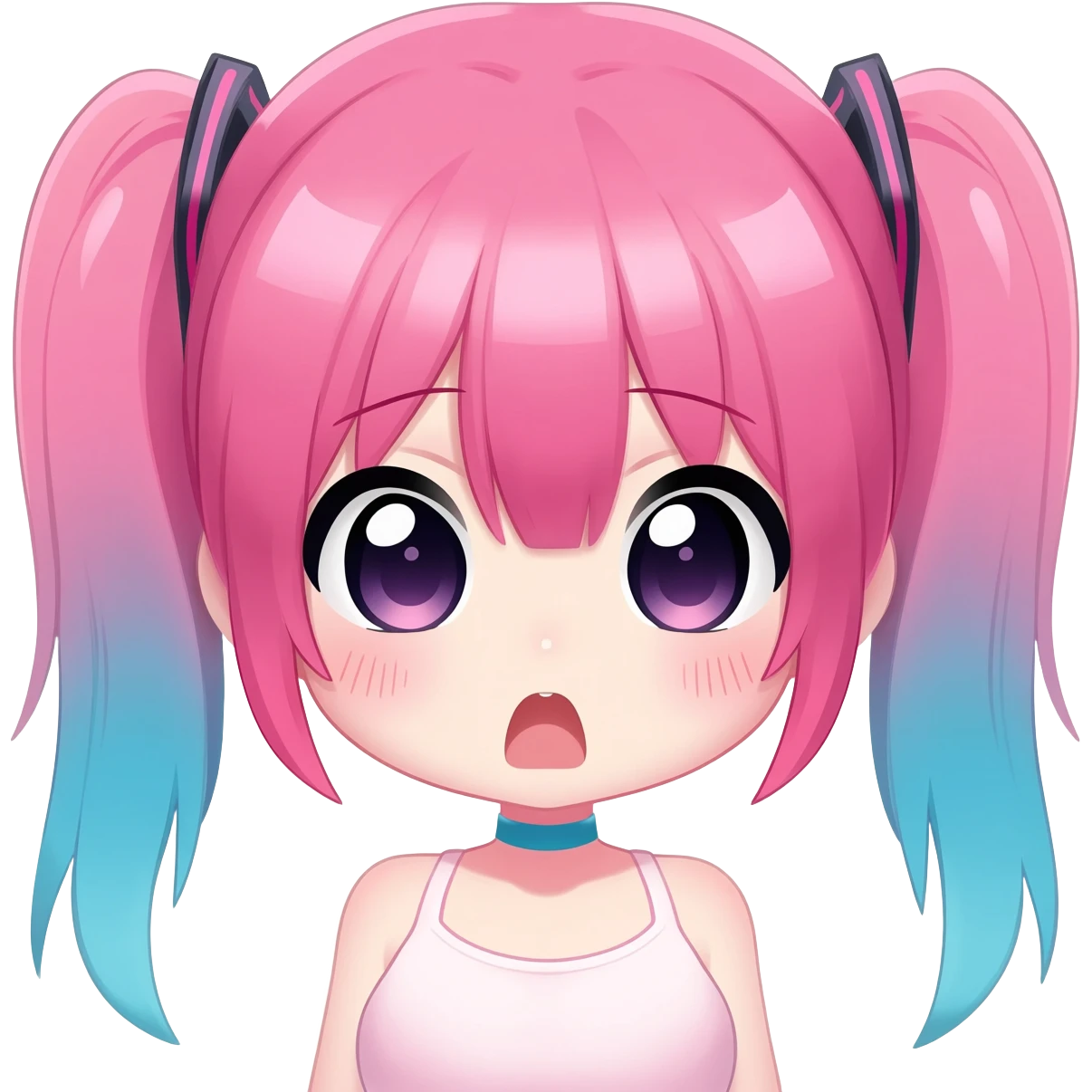 cute anime girl chibi, pink and blue twin tails, lewd expression emoji