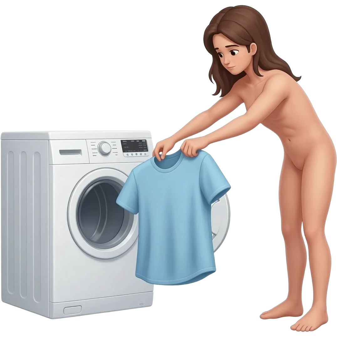 A naked girl bent over, trying to get clothing out of the washing machine while being fucked by a naked guy emoji