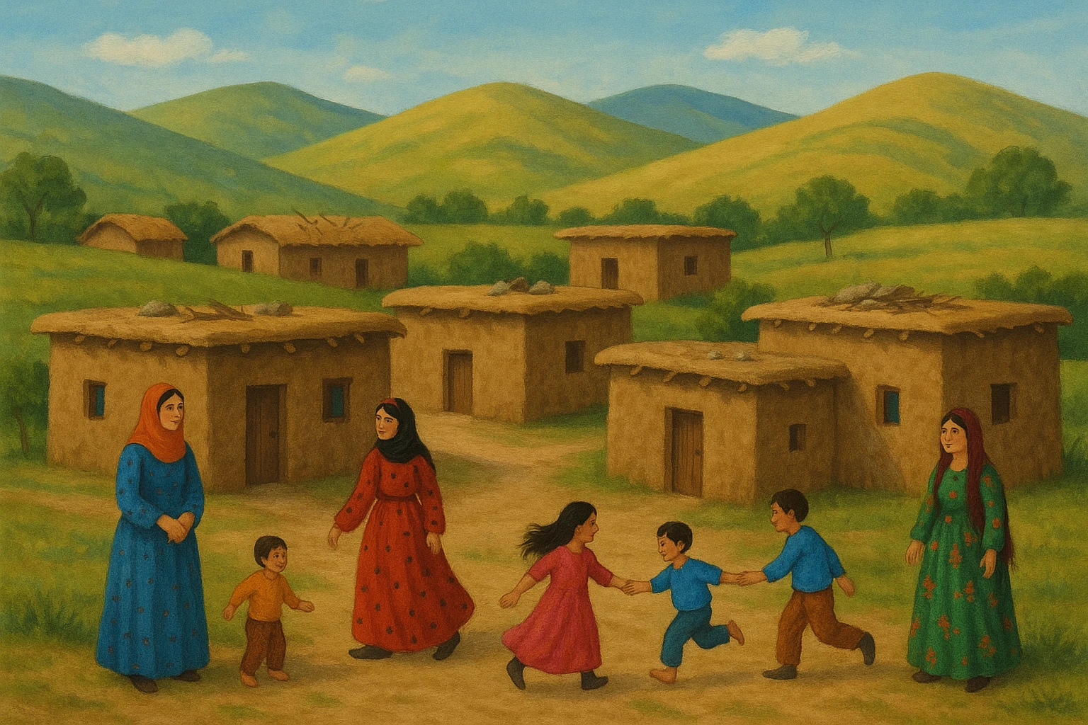 کوردی rural village scene, small Kurdish village with mud-brick houses, women in colorful dresses, children playing, hills in background, peaceful atmosphere emoji