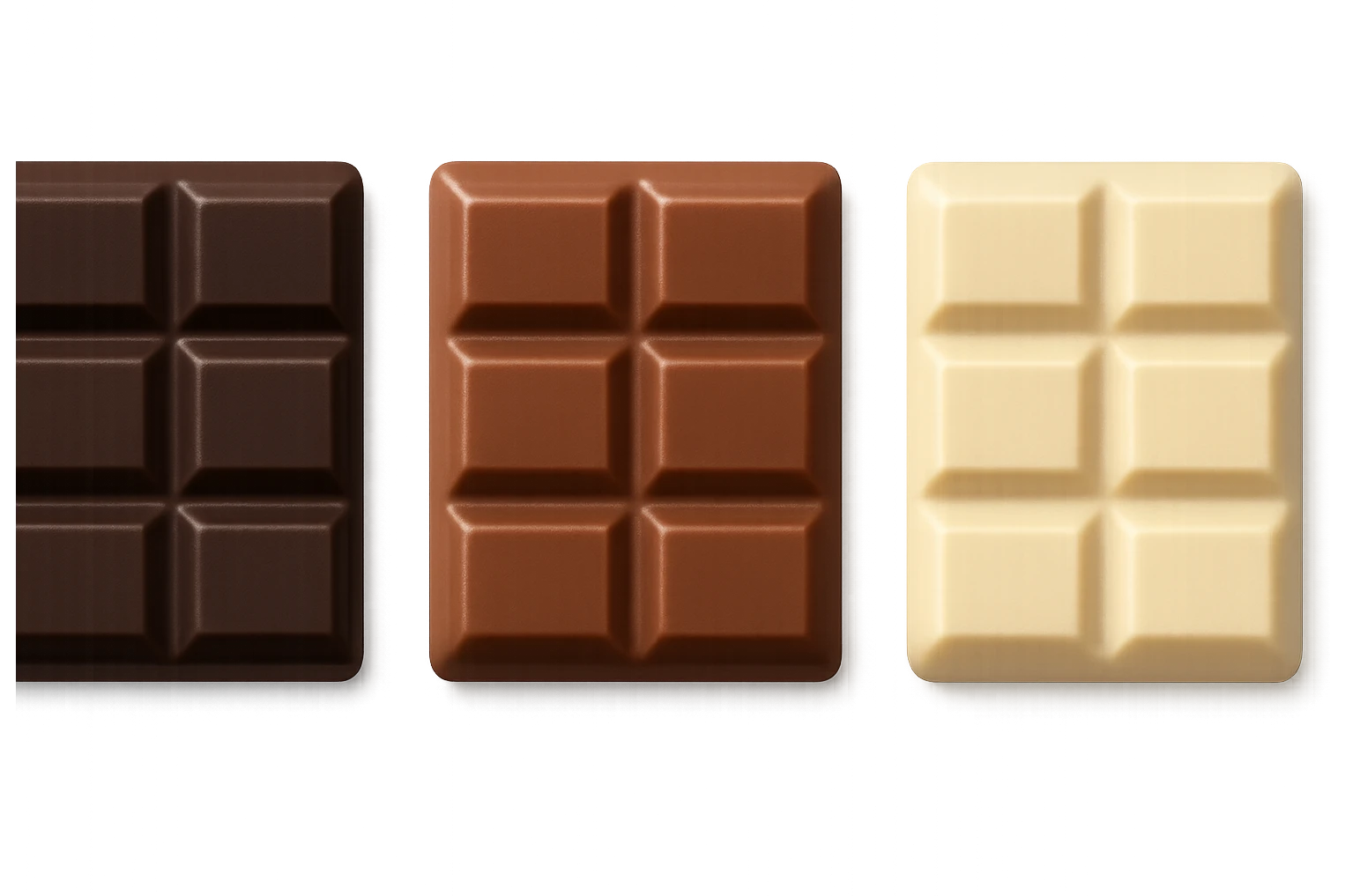 3 emoji stile iphone di BARRETTE DI CIOCCOLATO, UNA FONDENTE, UNA AL LATTE E UNA BIANCA, CON OMBRA REALISTICA, VISTE DALL'ALTO, IPERREALISTICO 4K emoji