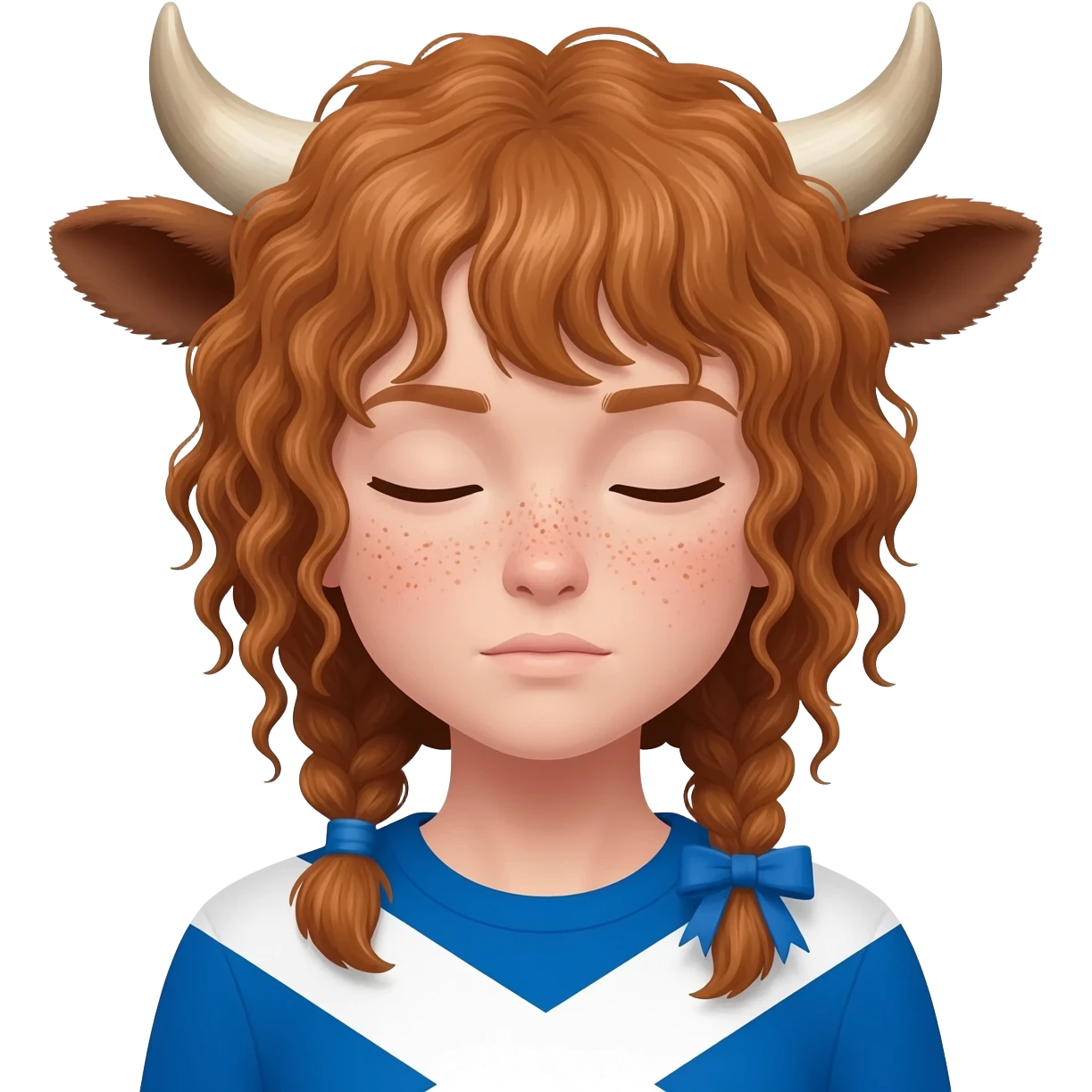 curly girl with freckles with messy light brown bangs covering the eyes with cow horns and cow ears with scottish flag on his shoulders with ribbon in her hair emoji
