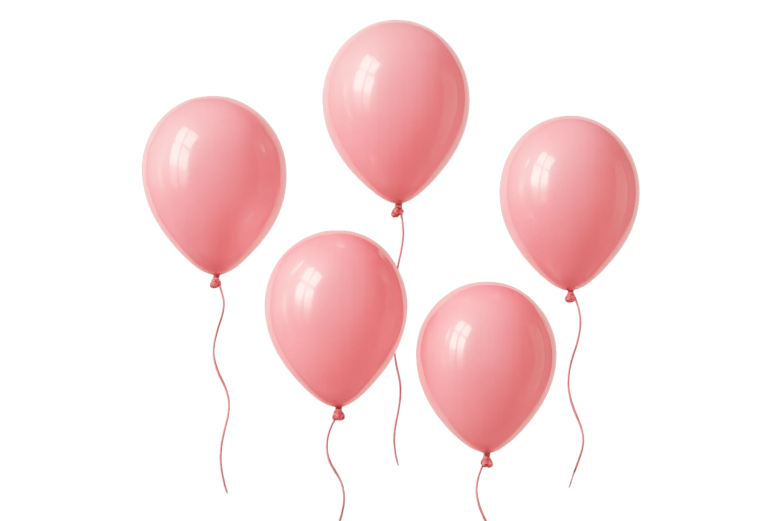 5 palloncini rosa fluttuano in aria isolati su sfondo bianco, iperrealistico 4k emoji