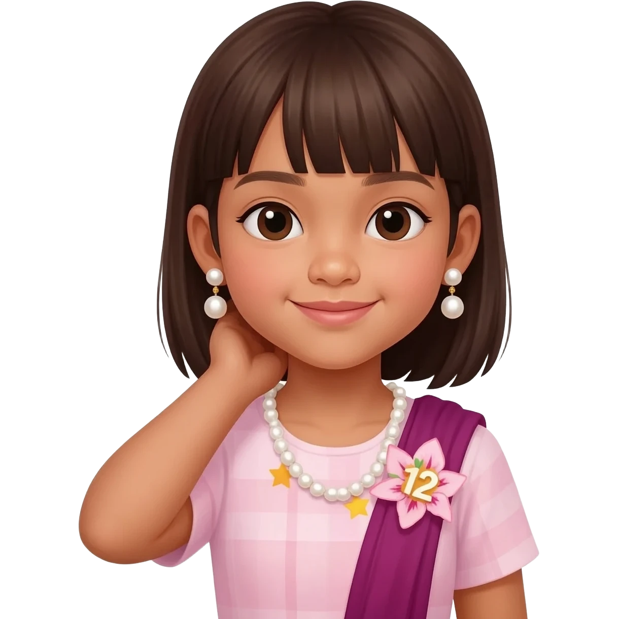 A girl from Myanmar who has straight brown hair up to her underarms and is pretty and is wearing pearl darlings celebrating her 12th birthday emoji