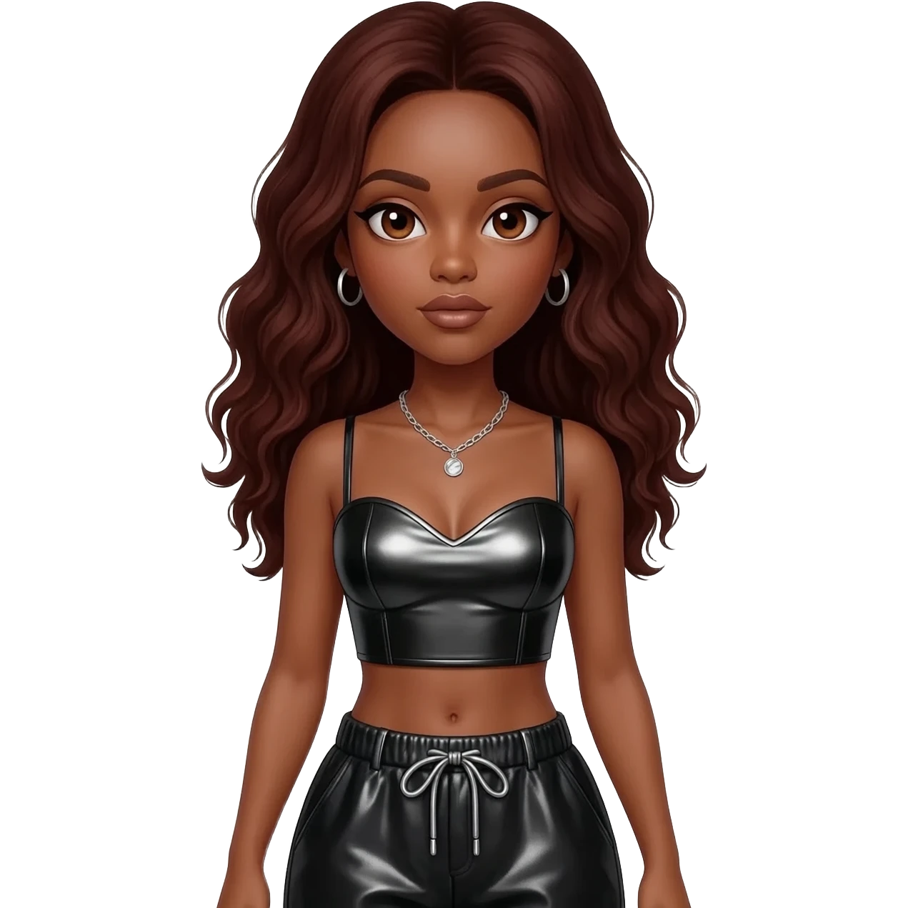 Solange with brown eyes, long dark auburn hair, black metallic sweetheart crop top, black metallic baggy pants, silver necklace emoji