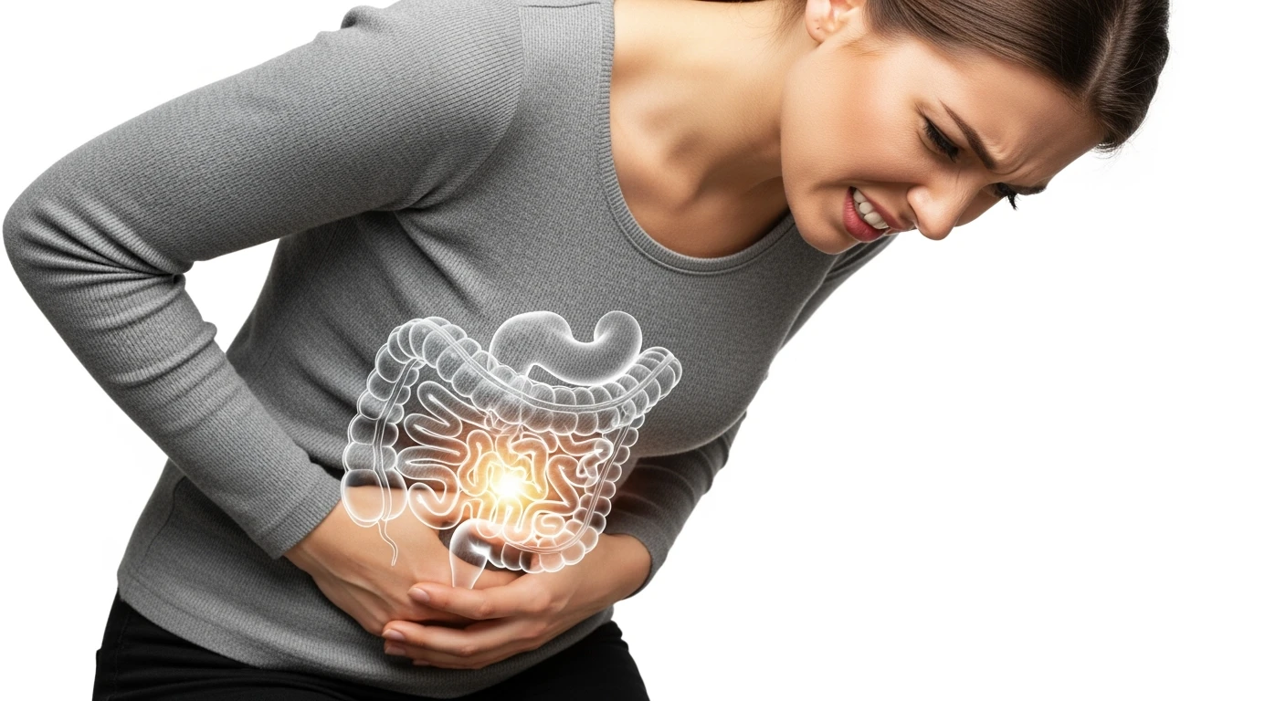 donna piegata in avanti frontalmente con mal di pancia, espressione di dolore in volto in primo piano e intestino anatomico in evidenza, iperrealistico 4k, sfondo bianco emoji