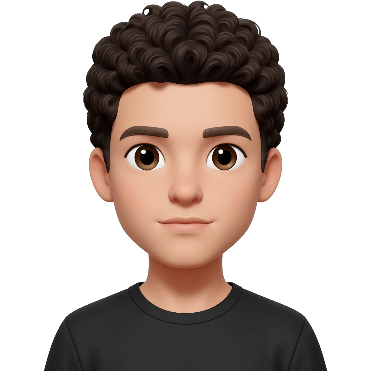 a white boy with short, dark curly hair, and dark brown eyes, wearing a black T-shirt. emoji