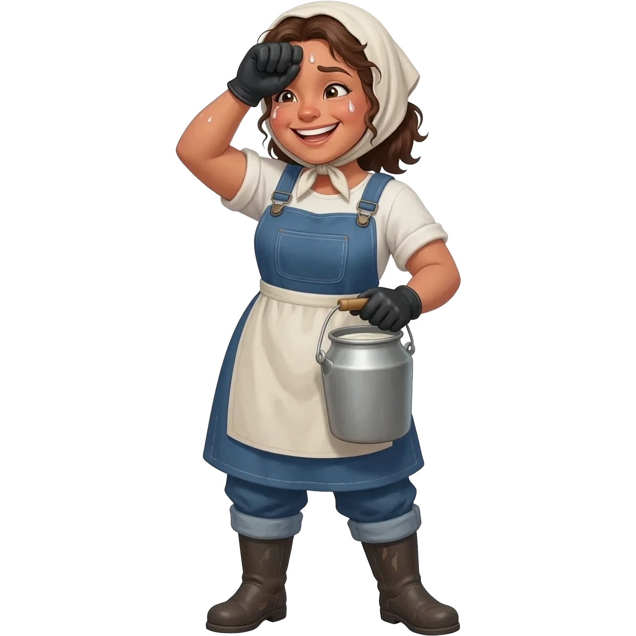 strong smiling milkmaid in denim overalls and an apron,  standing in dirty boots, with a headscarf on her disheveled long hair, her tanned skin glistening with sweat, wipes sweat from his forehead with a black-gloved hand, holding a milk can in his other hand emoji