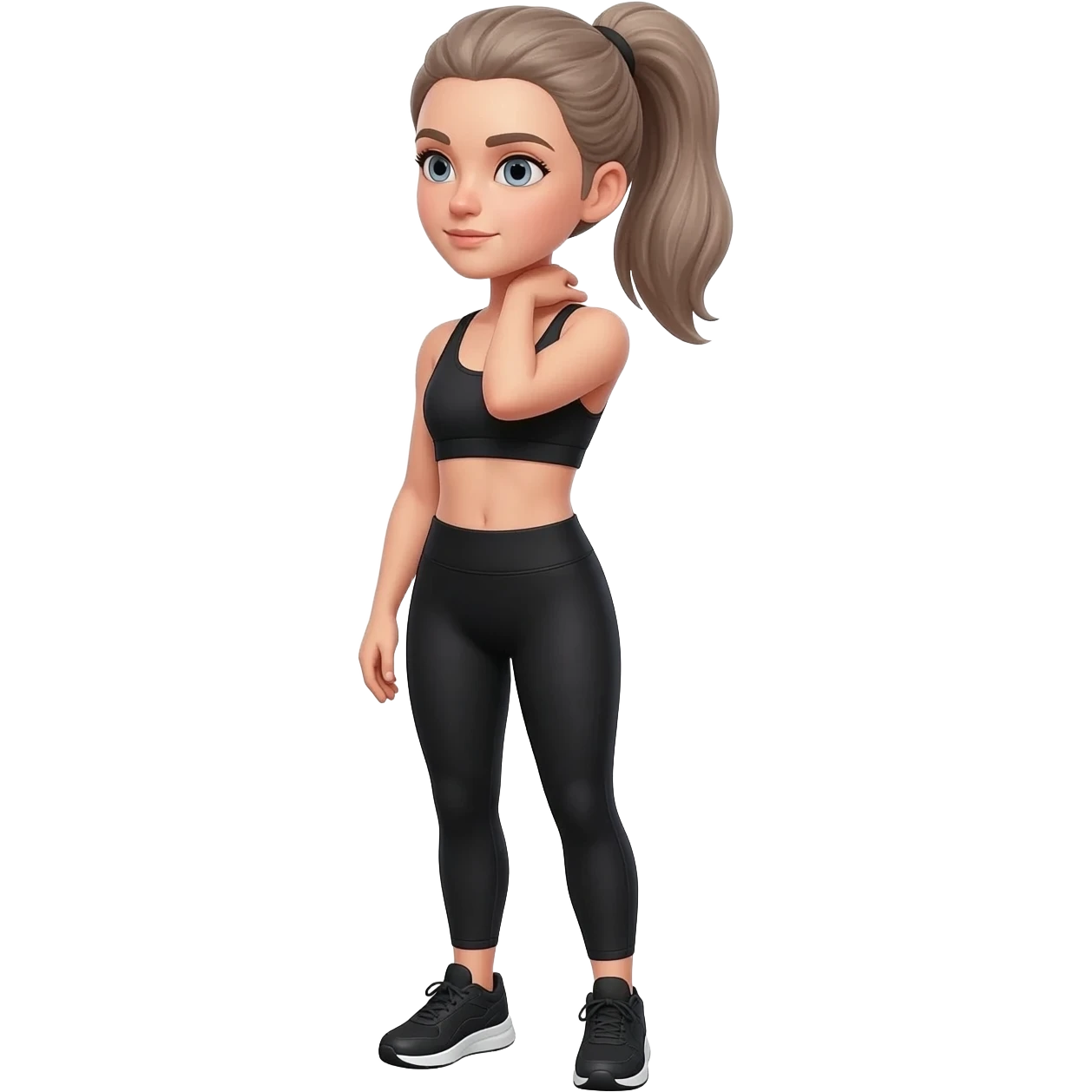 hand on neck, shoulder release pose, fair-skinned woman, gray-blue eyes, ash brown brows, ash light brown hair tied back, slim athletic body, black workout set, black sneakers with white soles emoji