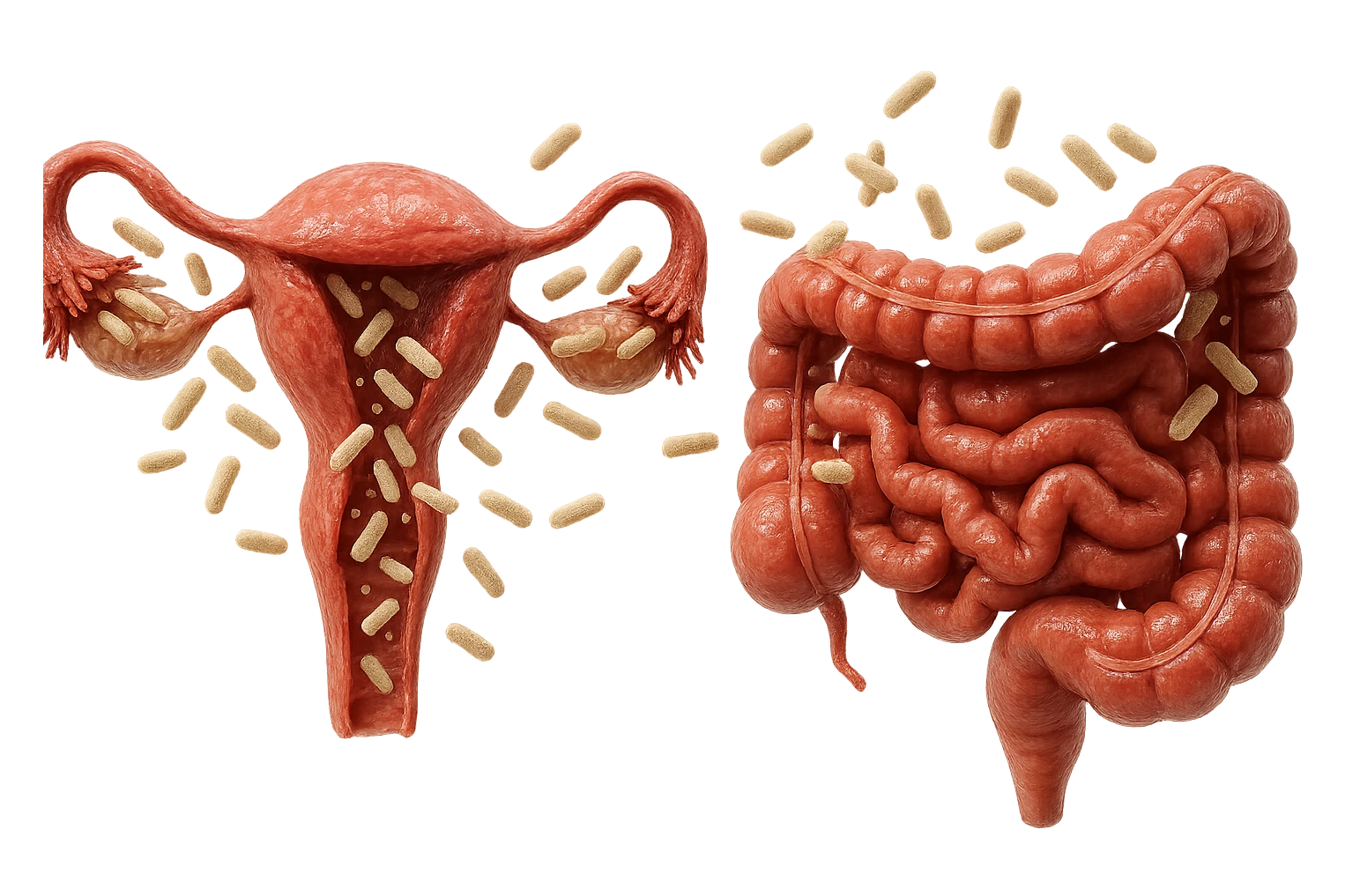 UTERO UMANO E INTESTINO ANATOMICI REALISTICI SONO UNO ACCANTO ALL'ALTRO E SI PASSANO I BATTERI A VICENDA, CON BATTERI CHE ESCONO DALL'INTERNO, IPERREALISTICO 4K, NON DISEGNATO emoji