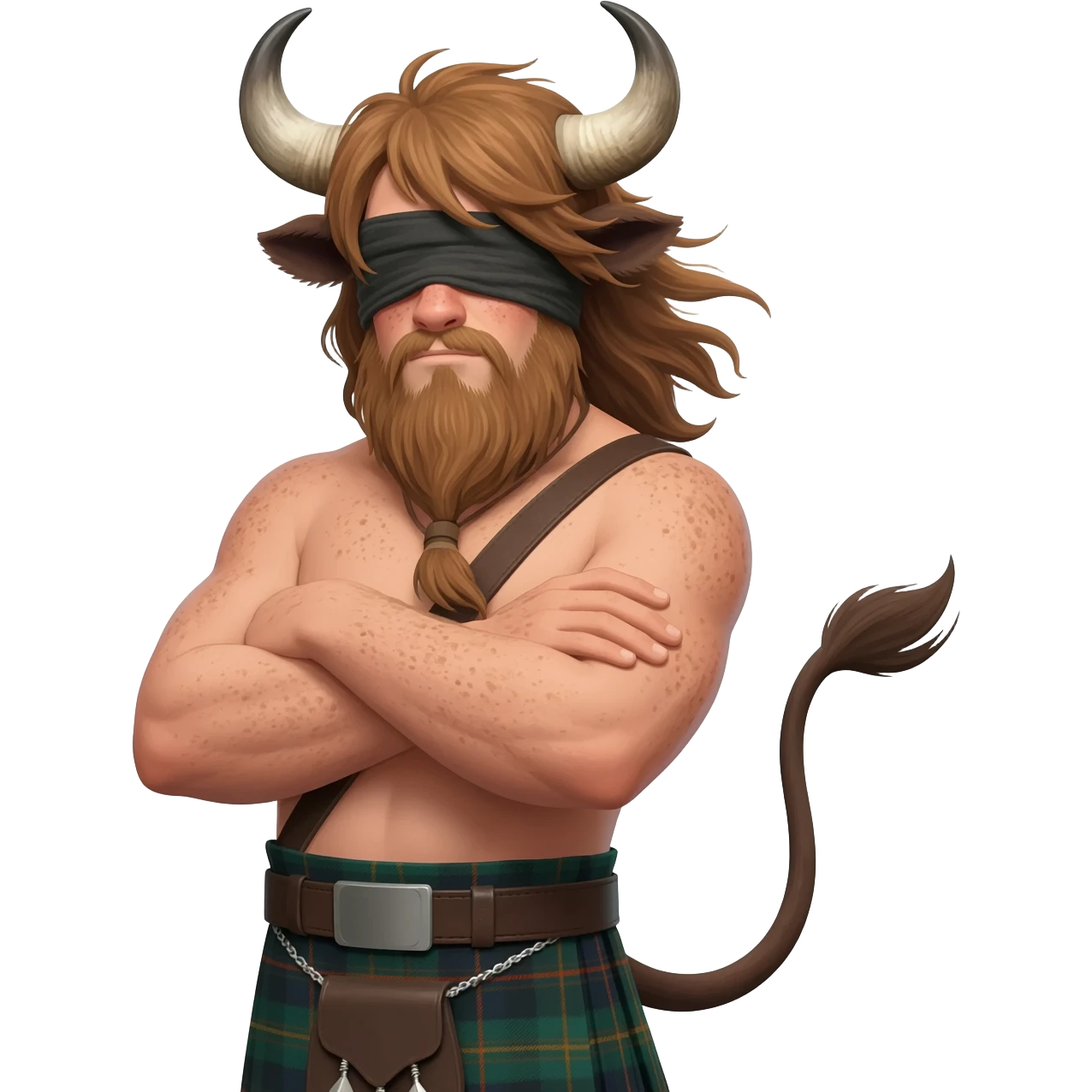 buff hairy man with freckles with messy light brown hair and long brown bangs covers his eyes with bull horns and bull ears and bull tail dressed in kilt posing with his arms crossed with wind in his hair with belt around his chest emoji