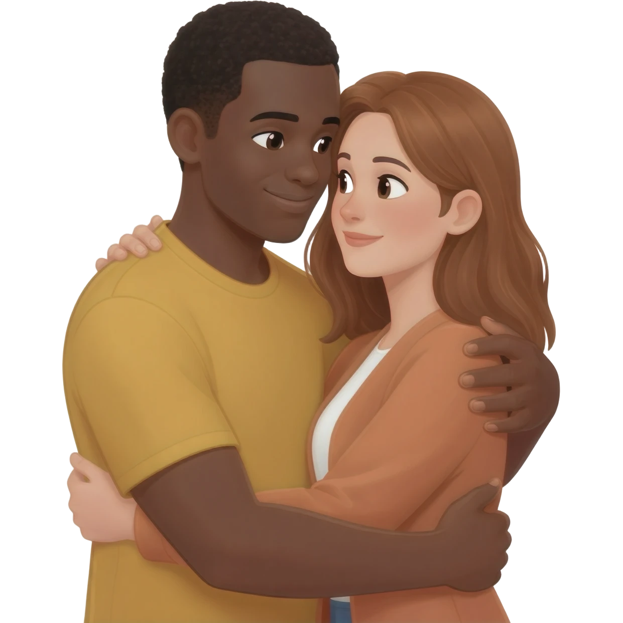 Black man hugging white woman emoji
