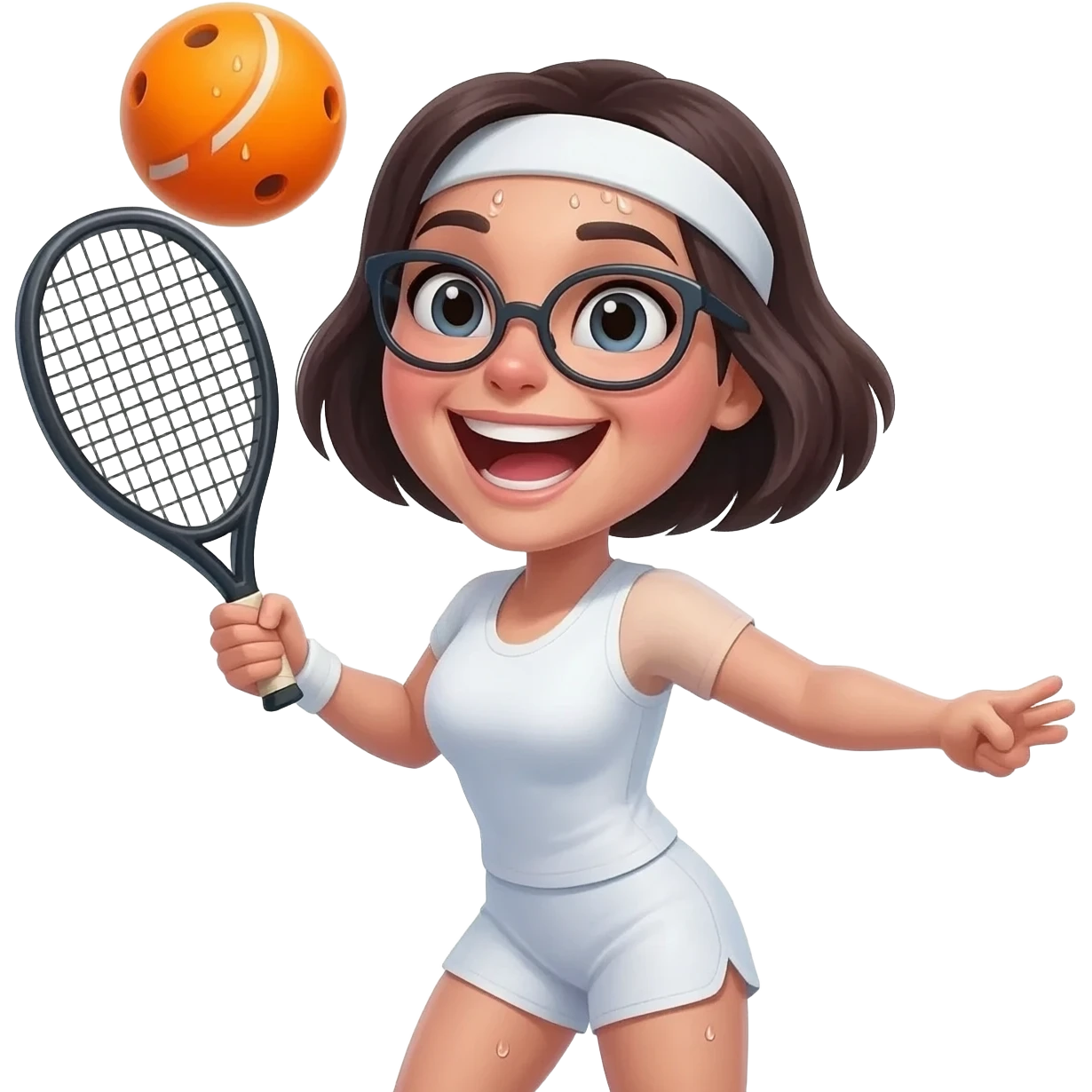 (CHANGE RACKET TO PADEL FROM TENNIS) closeup picture of a female with short dark hair and glasses,  as Padel player, with Padel racket (not tennis) smashing the ball, maximally hard from above her head and really enjoying it! emoji