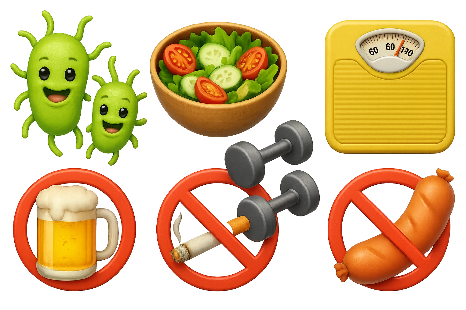 emoji stile iphone di: due batteri intestinali felici, una bowl di insalata, una bilancia pesapersone, manubri da palestra, e un boccale di birra con divieto 3d sopra, una sigaretta con divieto 3d sopra e un wurstel con divieto 3d sopra, fluttuano in aria, iperrealistico 4k emoji