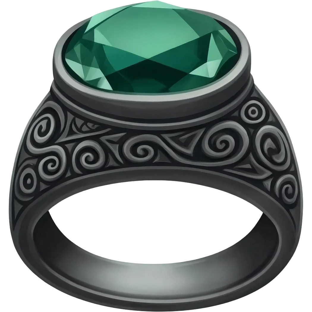 A Obsidian ring, with a dark GREEN gem, make it have a faint tint of a sage , make the rest of the ring have Intricate carvings emoji