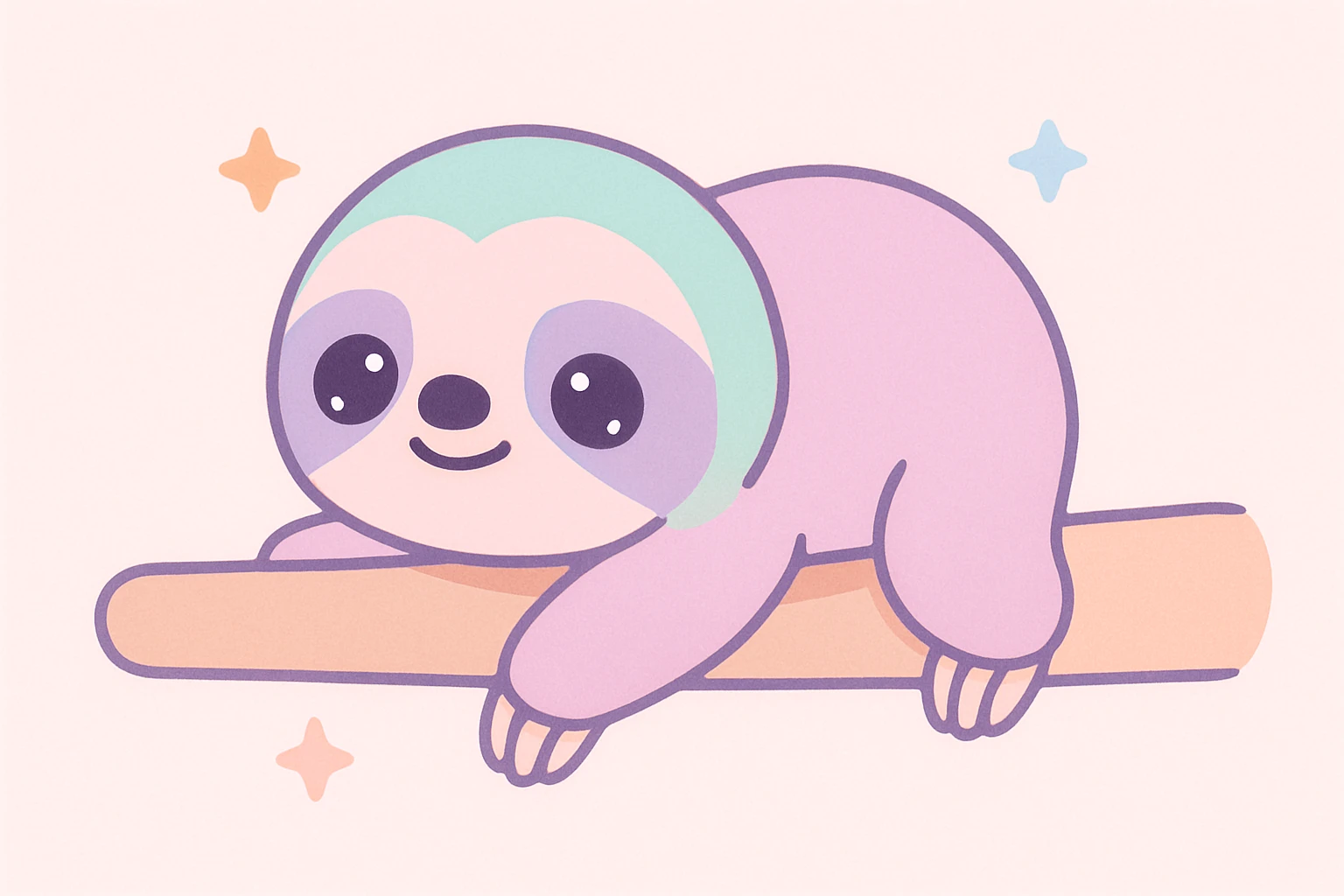 a sloth crawling slowly on a tree branch, looking sleepy, cute cartoon style emoji