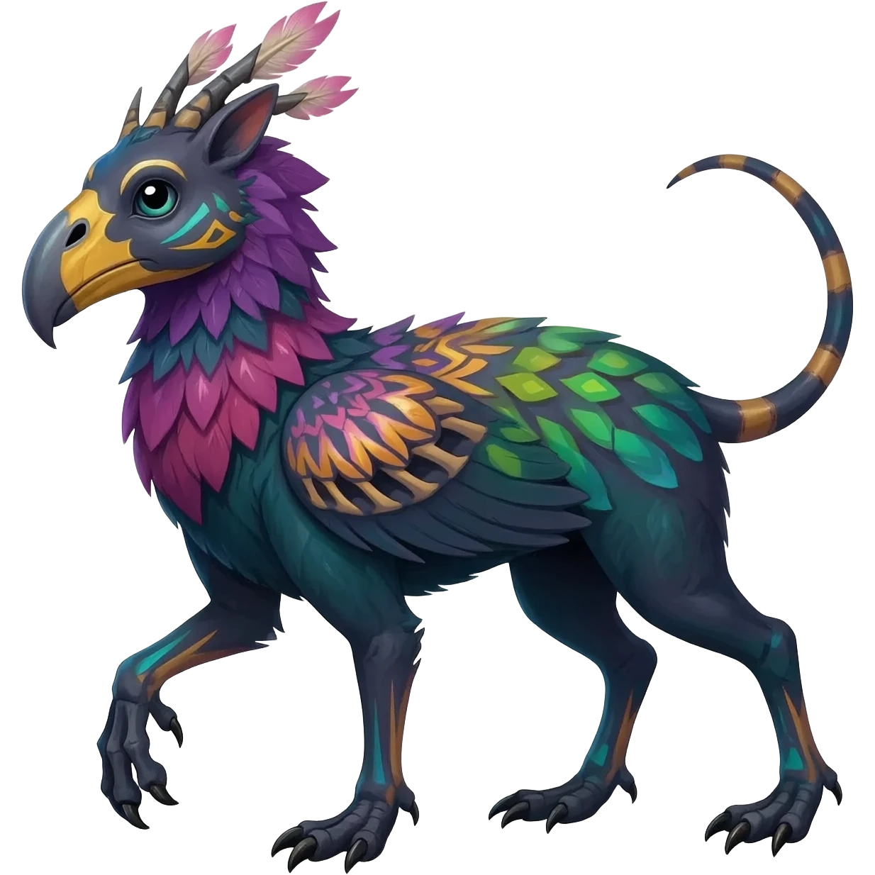 Rare colorful gradients colored realistic dark edgy glossy shiny tropical tribal patterned feathery skeletal badass epic pretty beautiful handsome gorgeous aesthetic colorful vibrant Vernid-Trico-species-Fakemon-creature by LiLaiRa, 4 legs, 1 tail, random markings, (full body) emoji