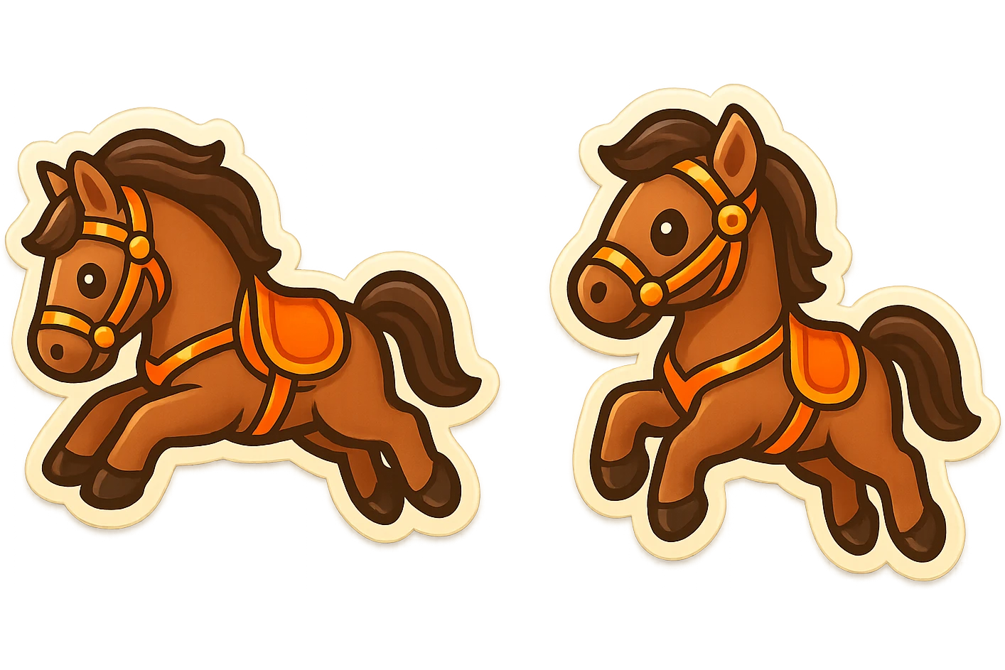 Create a cute emoji style illustration of a Hermès-style horse jumping with an orange and gold harness. The design should be luxurious and include an alternate pose. Use a white or transparent background. emoji