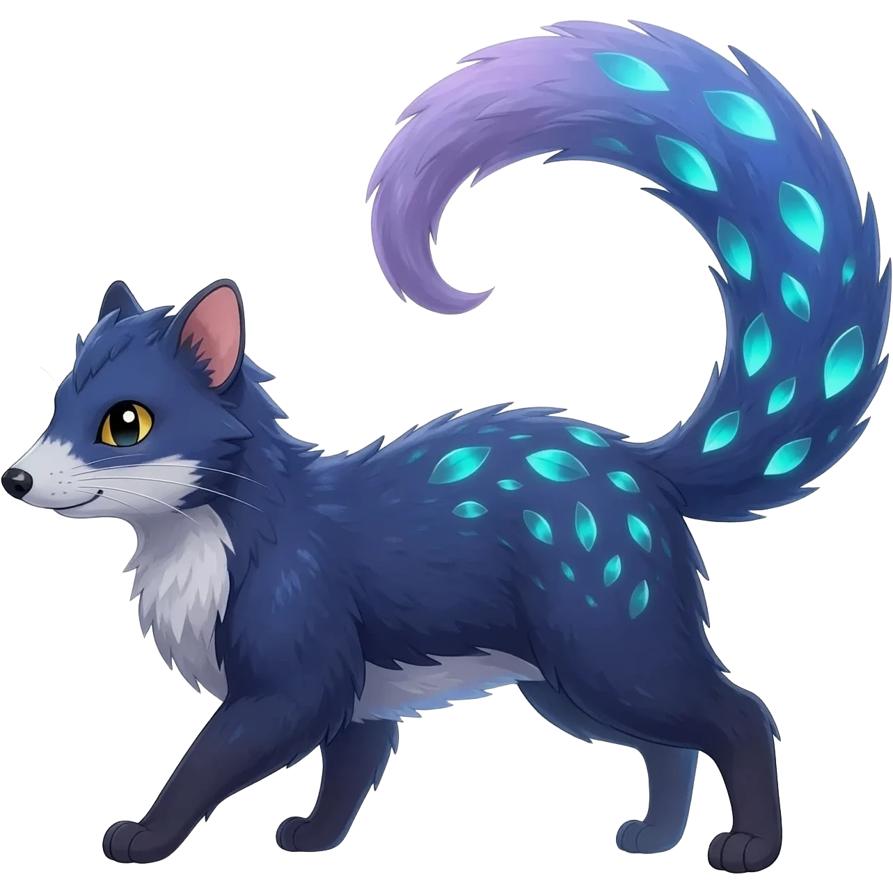Hyper realistic  indigo fur seeded with bioluminescent beautiful elegant pretty precious cute  Fakémon-Pokémon-opossum-feline-serval-caracal-chinchilla-Furret-Minccino-hybrid-creature with a big fluffy bushy tail (full body) emoji