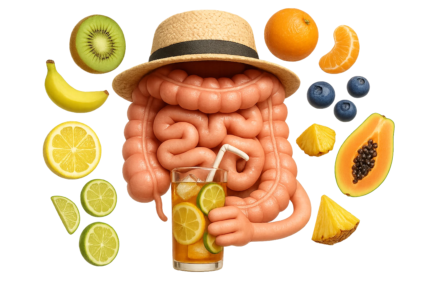EMOJI STILE IPHONE DI INTESTINO UMANO REALISTICO CON CAPPELLO DI PAGLIA DA SPIAGGIA CHE BEVE UN Tè FREDDO IN BICCHIERE DI VETRO CON DENTRO  fette di cetriolo, limone, lime, DIETRO L'INTESTINO FLUTTUANO PEZZETTI DI Kiwi
Banana acerba
Arance e mandarini
Mirtilli
Ananas
Papaya
IPERREALISTICO 4K emoji