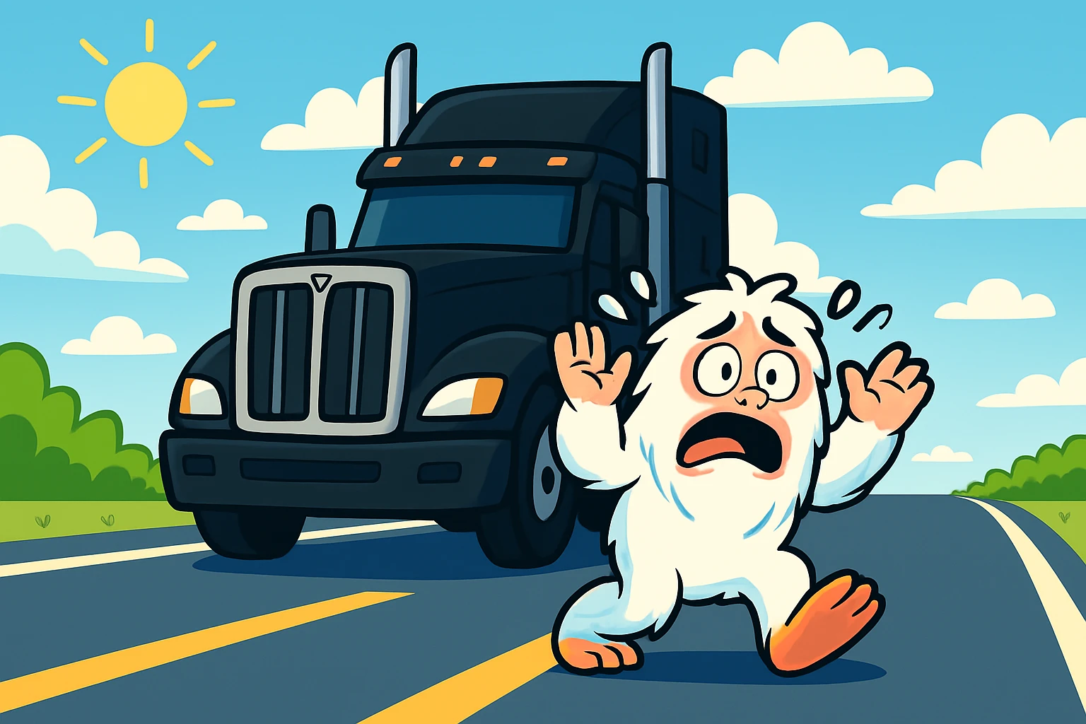 Edit the image to place the abominable snowman directly in front of the black semi truck. Make the snowman much smaller and give it a scared expression. Keep the bright highway and distant view as they are. emoji