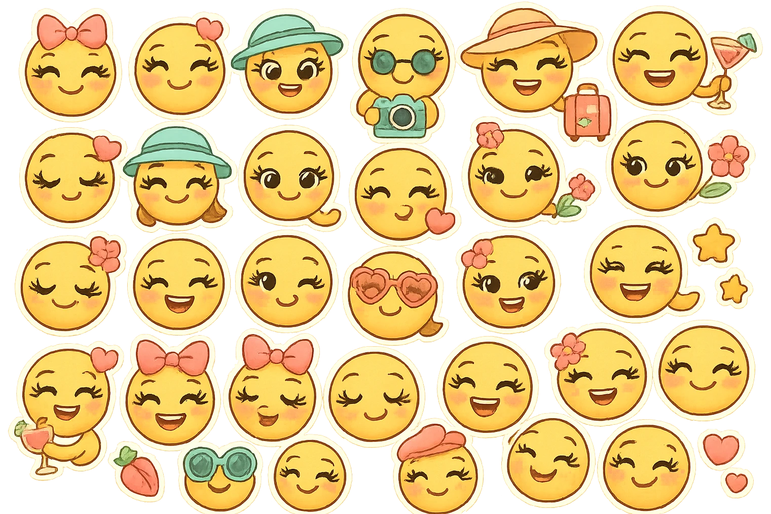 Nagy szempillás, mosolygós, csajos emoji különböző arckifejezésekkel és kiegészítőkkel, mint masni, napszemüveg, kalap, koktél, kamera, bőrönd, virág, szív, csillag, vidám, színes, nőies stílusban, 30 különböző változat emoji