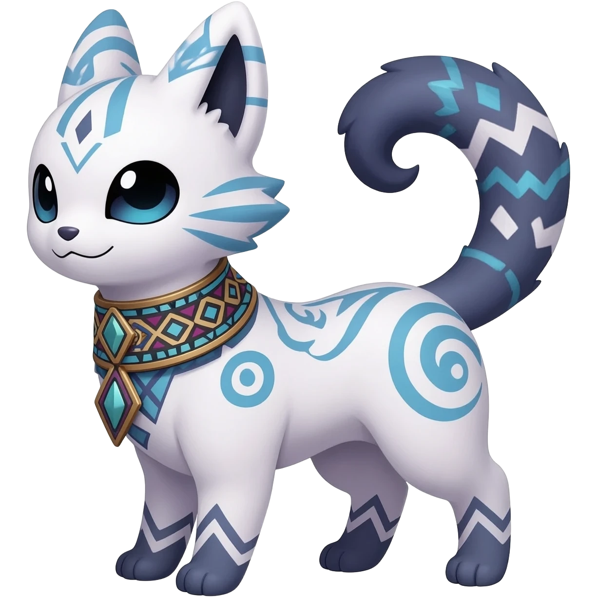 Rare white exotic cute epic aesthetic gothic colorful Salandit-Litten-Furfrou-Sylveon-Civet-species-Fakemon-hybrid-creature, with a collar, and with intricate tribal markings, full body emoji