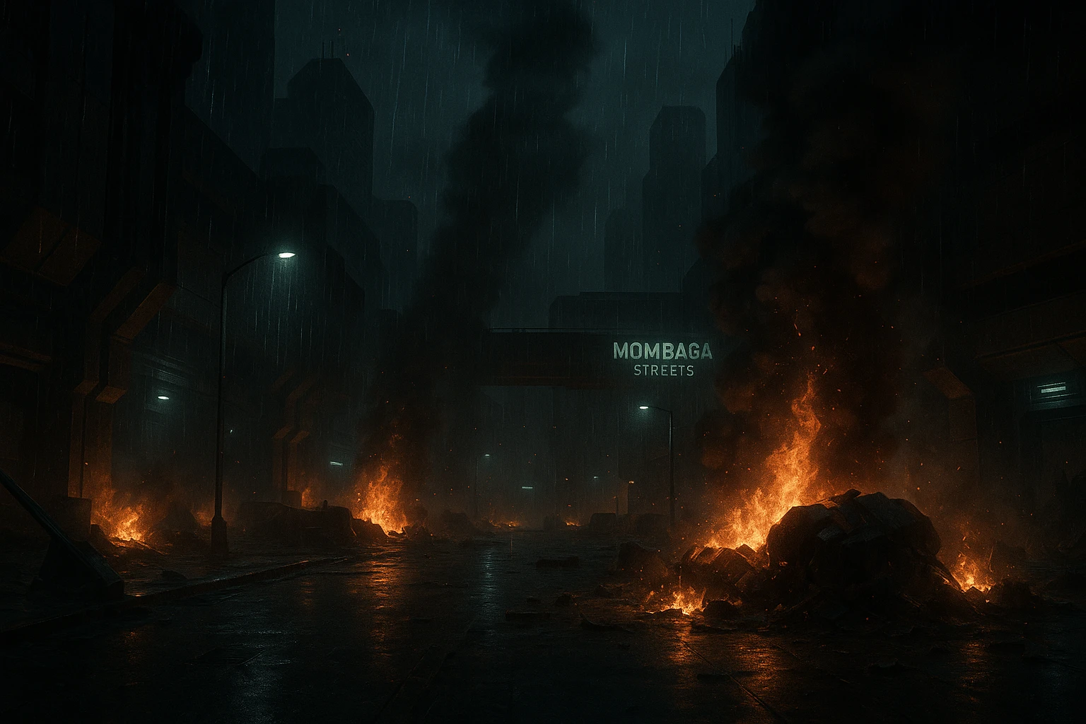Night time streets of New Mombasa from ODST. "Mombasa Streets"  dying battle flames and smoke rise amongst pouring rain emoji