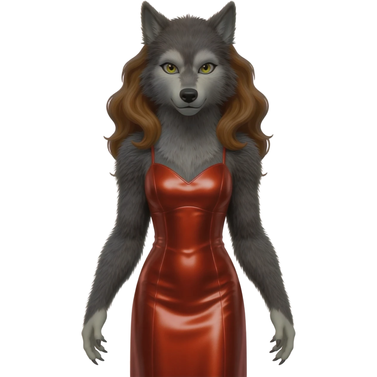The Wolf Woman from Universal Monsters with brown hair and fur, red metallic long dress emoji