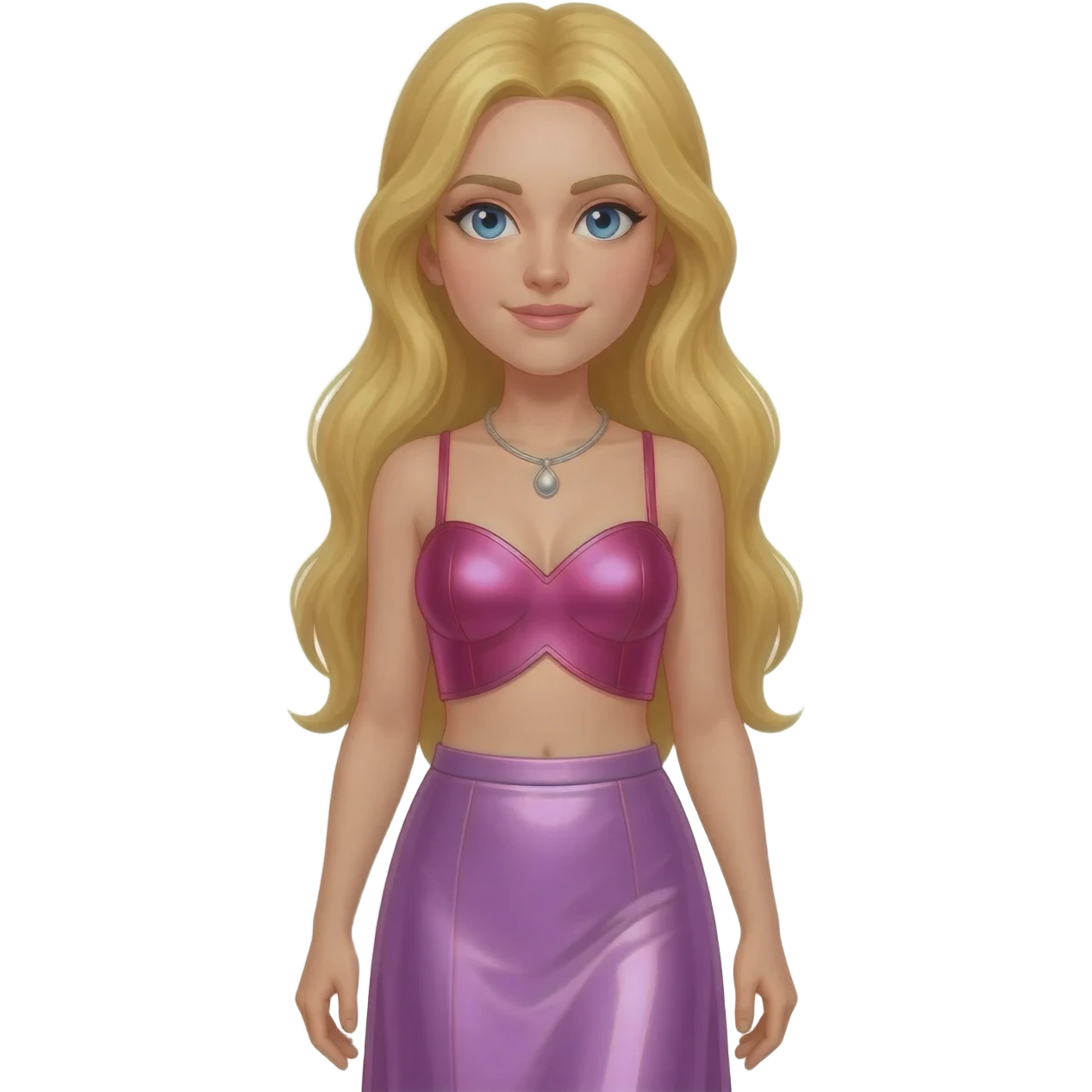 Aphrodite from Greek Mythology with blue eyes, long blonde hair, hot pink metallic sweetheart crop top, lavender pink metallic long skirt, silver necklace emoji