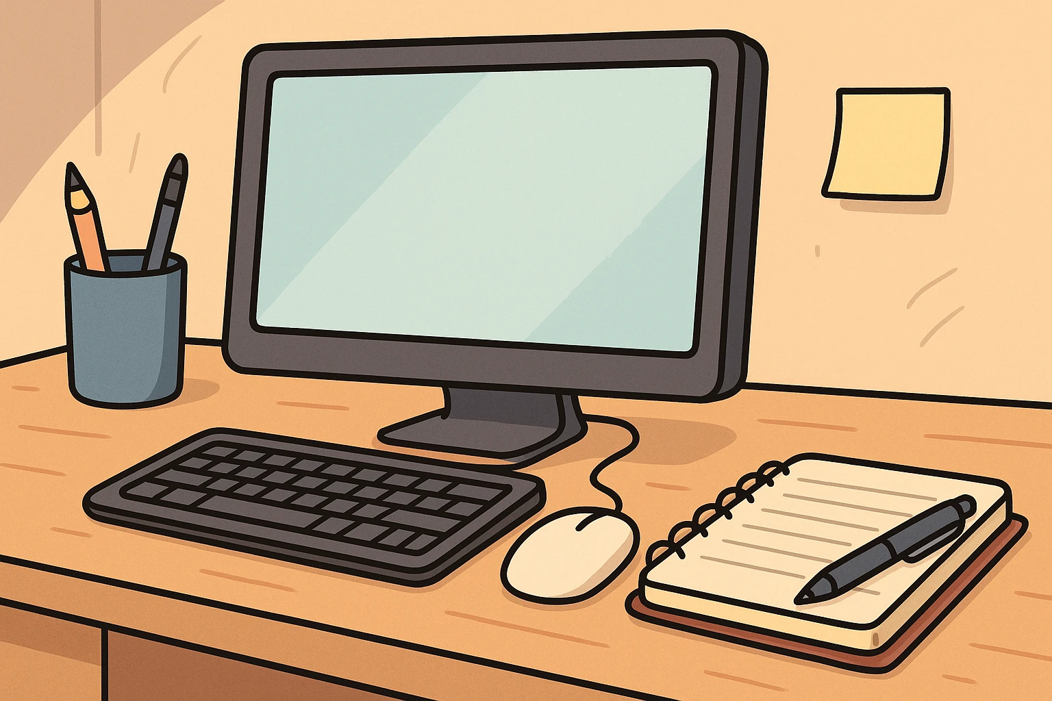 a setup with a computer, a mouse, a pen, and a notebook, modern workspace, clean and organized, minimalistic style emoji
