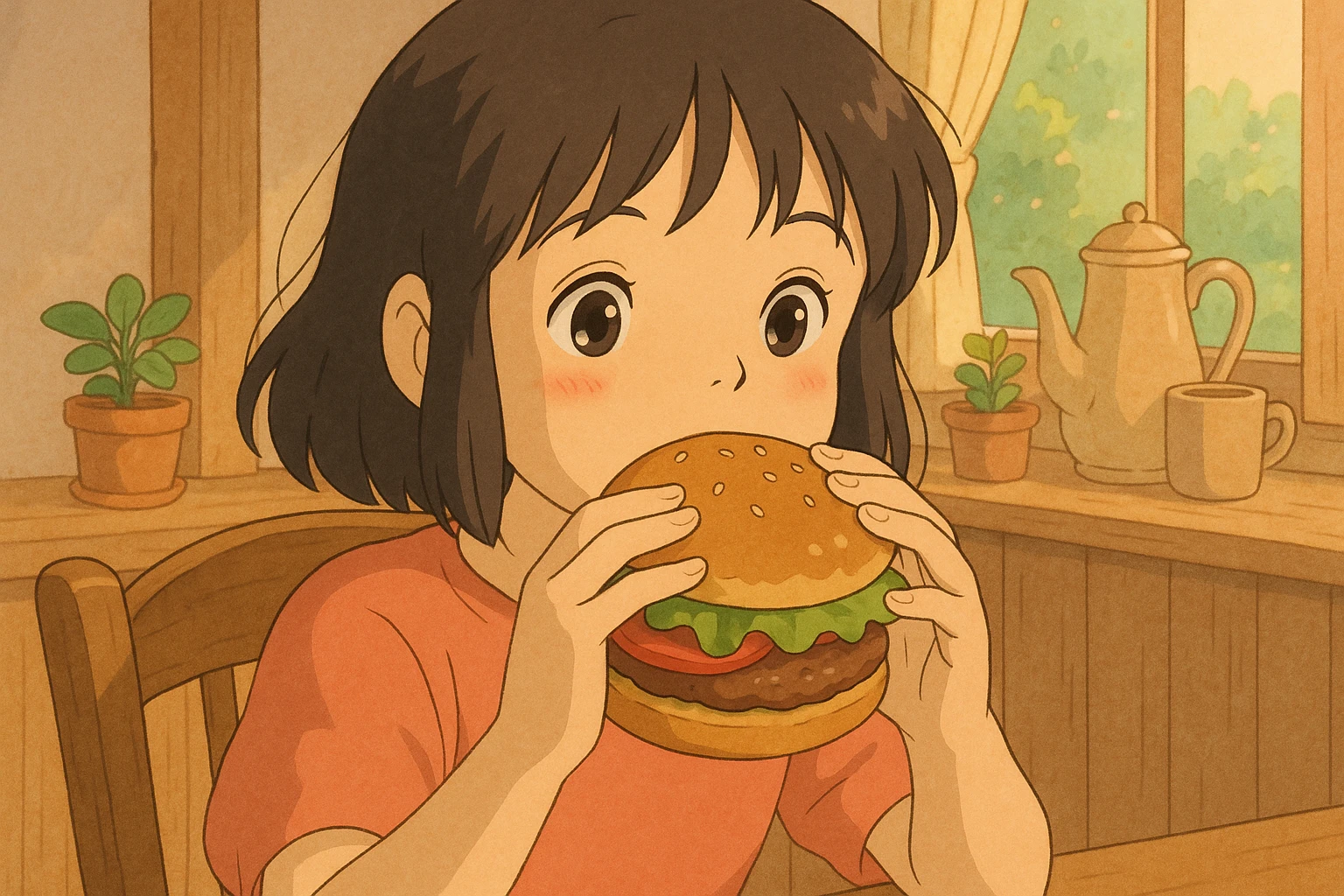 a girl with dark hair eating a burger, ghibli style emoji