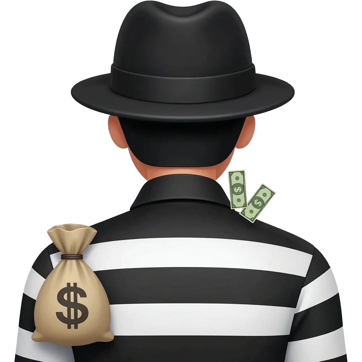 A stealer emoji whit a bag of money behind and. A stealer mask whit a hat and striped black and white shirt emoji