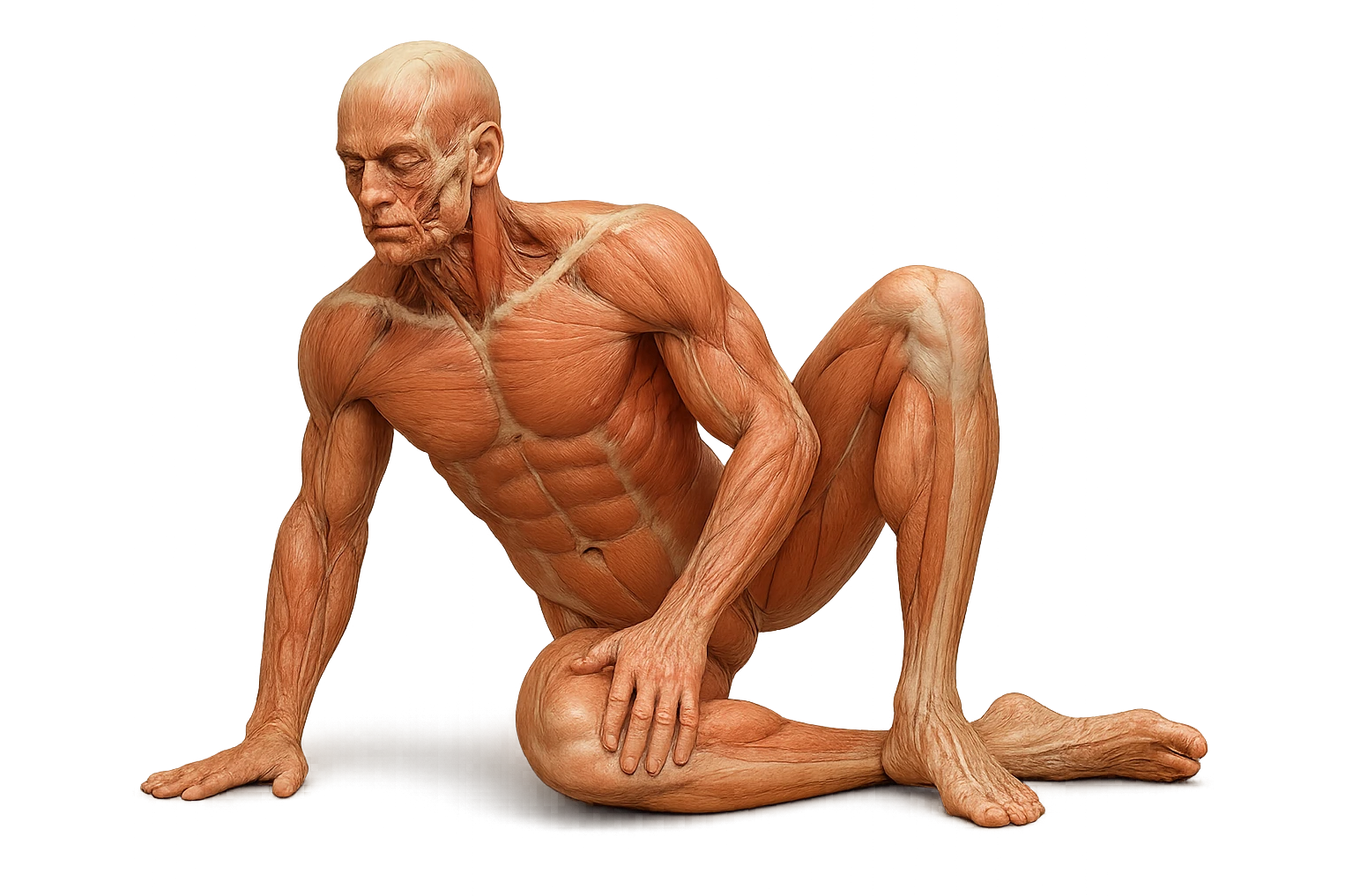 CORPO UMANO ANATOMICO REALISTICO CHE SVOLGE UN ESERCIZIO DI MOBILITà ALLE ANCHE, iperrealistico 4k emoji