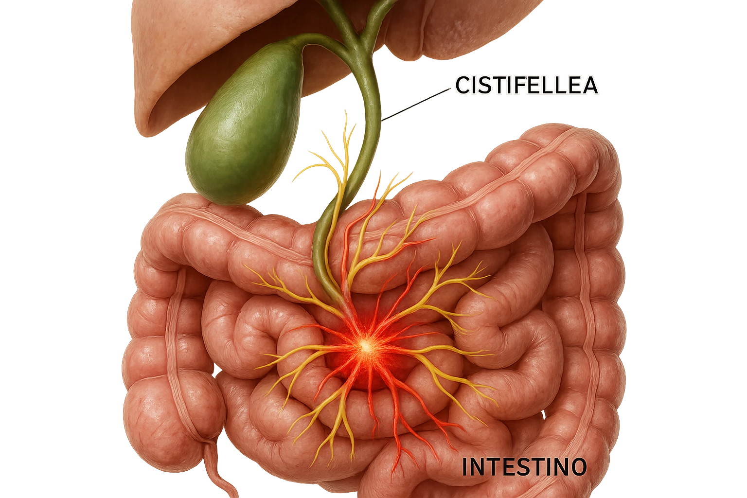 CISTIFELLEA E INTESTINO SONO COLLEGATI NEL DOLORE, iperrealistico 4k emoji