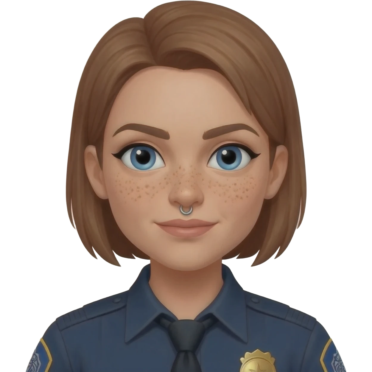 femme agent de securité yeux bleu tache de rousseur percing au nez emoji