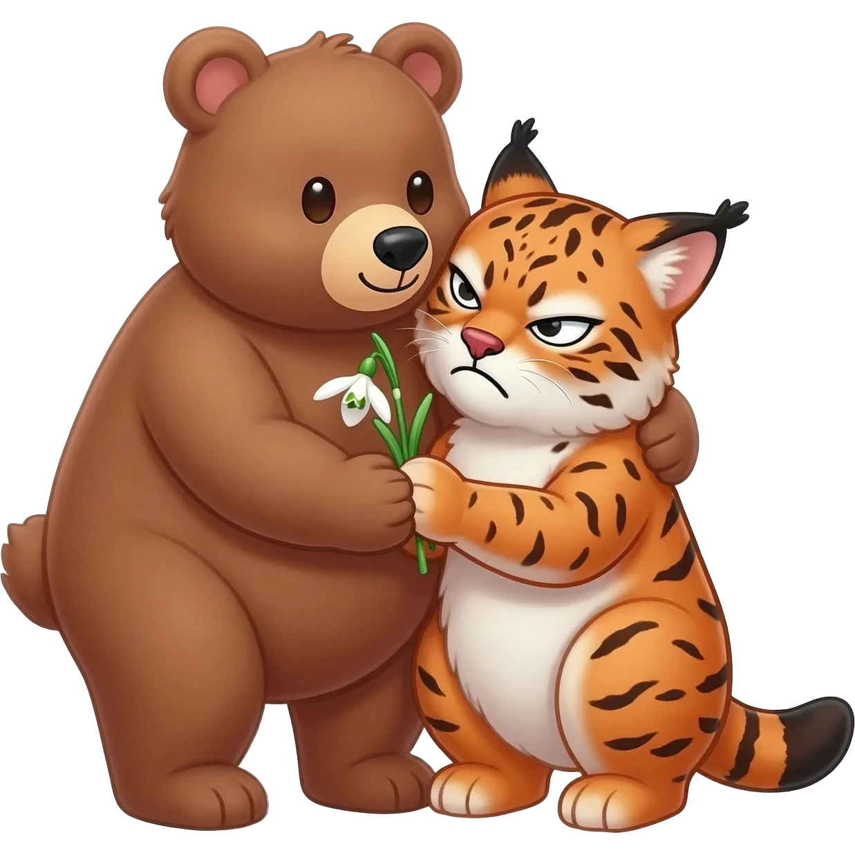 lovely bear hugs angry lynx and gives her a snowdrop flower with love emoji
