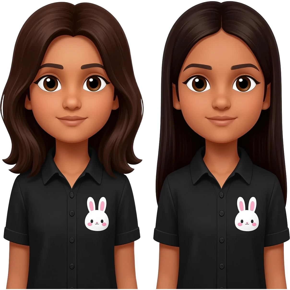 two identical friend. both look like 13 year olds. No smile lines, make the bunnies kawaii and the shirt black. Both have matching bunny shirts and have PIN STRAIGHT HAIR One has super long dark brown hair that goes to waist, one has long hair that is also dark brown. They both have Indian skin emoji