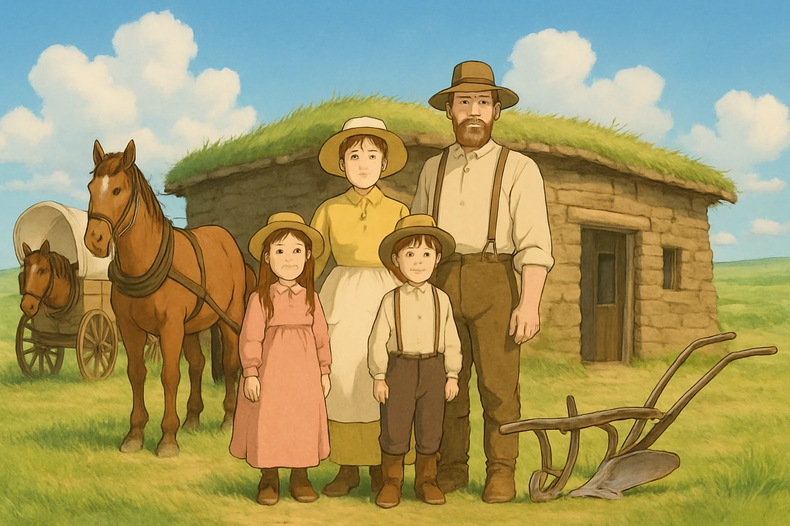 A pioneer family on the great plains from the 1840s standing in front of a sod house with their horse and wagon and a basic plough emoji
