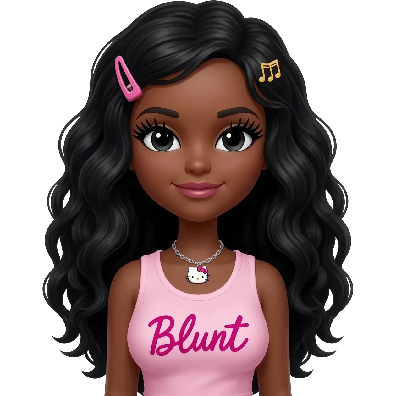 Long giant lashes, my melody hairclip, Doll faced shaped, hello kitty necklace, bimbo, black doll eyes, barbie, dark brown skin with long curls black hair, light pink bimbo sleeveless shirt says "blunt" , big breast emoji