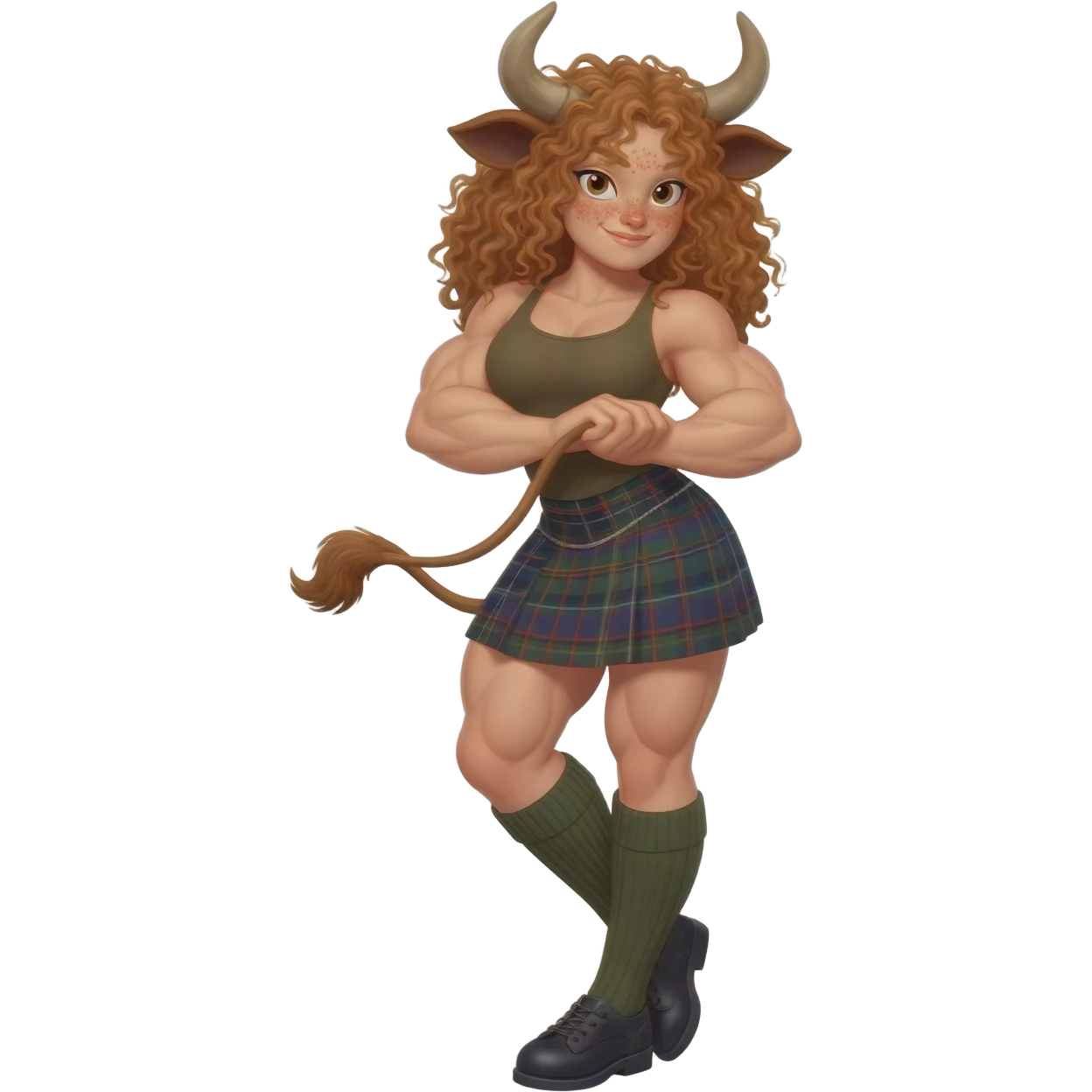 shy buff curly woman with frecles with light brown messy hair touches her long brown cow tail with both hands with strong fat thights with cow horns and cow brown ears with big butt in a short scottish kilt and with knee socks and shoes stands withcrossed legs emoji