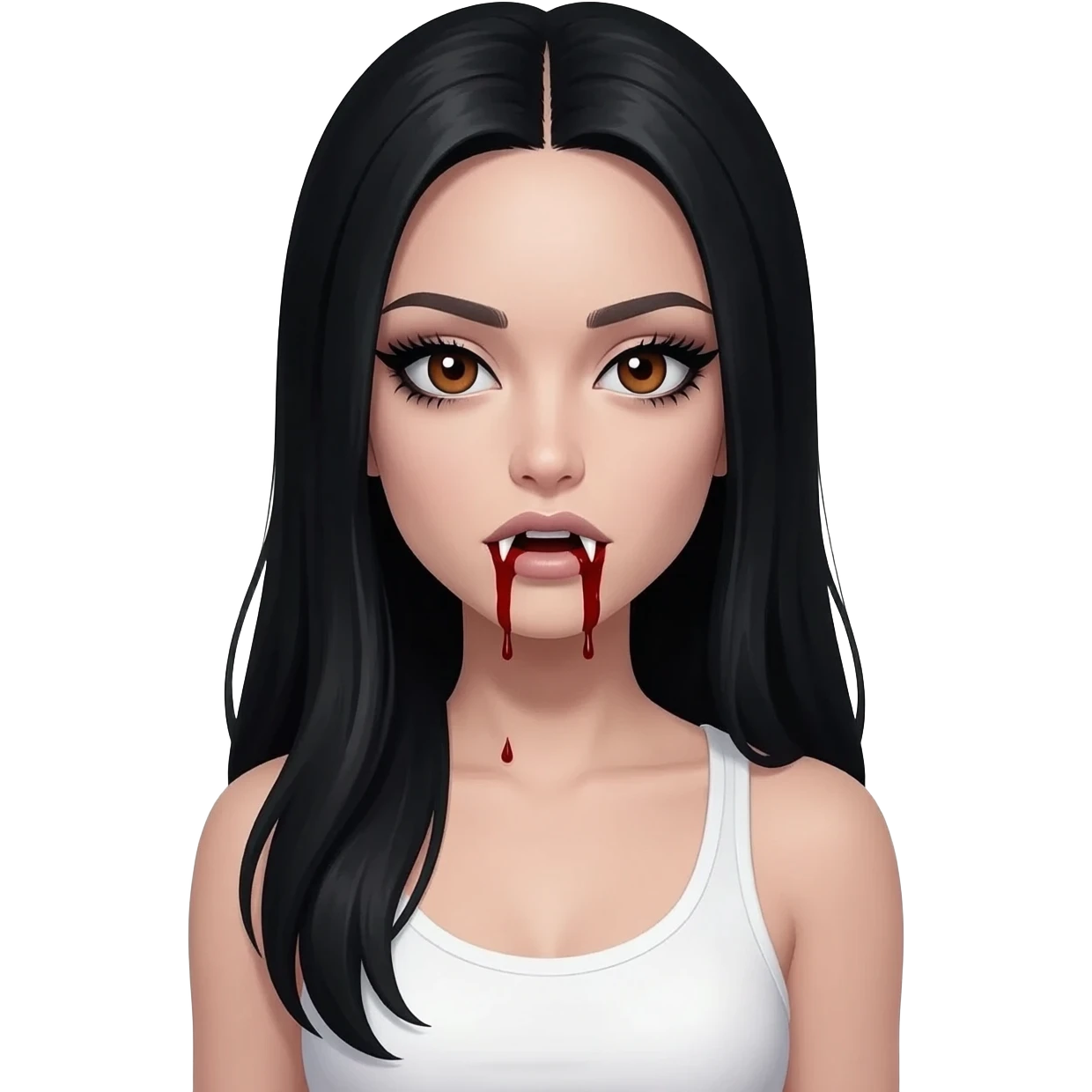 White woman with a white tank top long black hair glossy middle part long hair vamp look with fangs or blood dripping brown eyes eyeliner winged with lashes top and bottom emoji