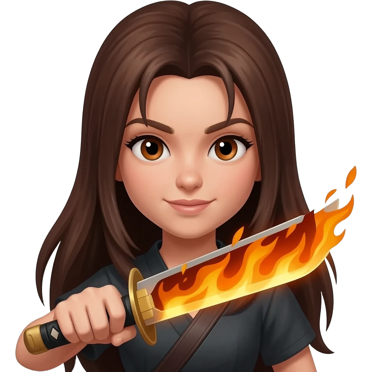 Girl, ninja, katana,fire, brown eyes, long hair, emoji