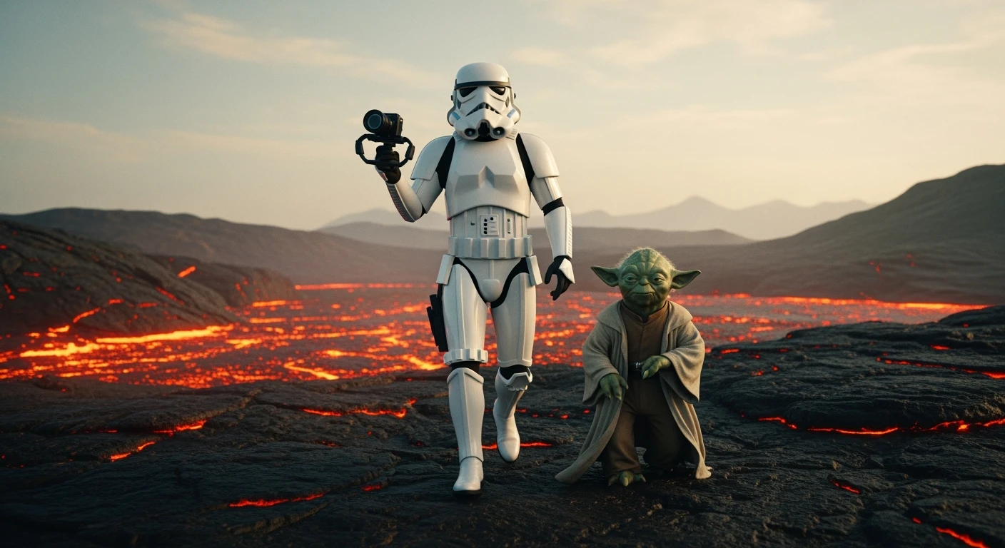 Cinematic still, Shot on vlog camera, Starwars stormtroopers vlogging , he is walking on lava planet with yoda emoji
