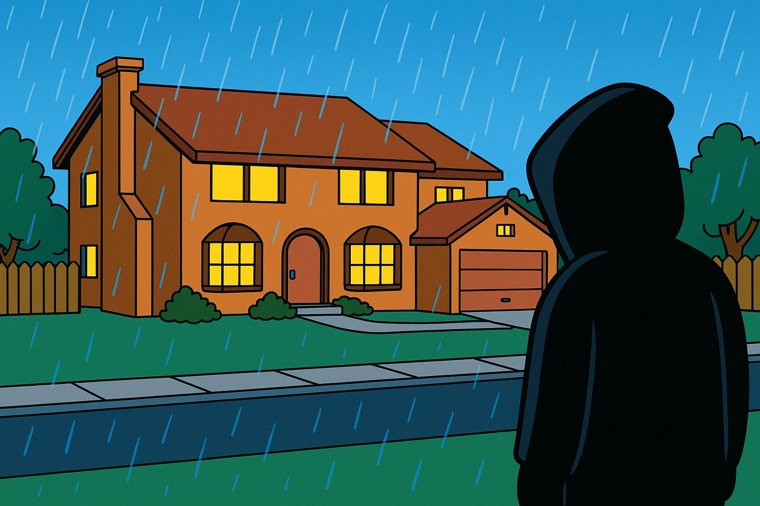 Springfield sous la pluie, la nuit. Une silhouette encapuchonnée observe la maison des Simpson. emoji