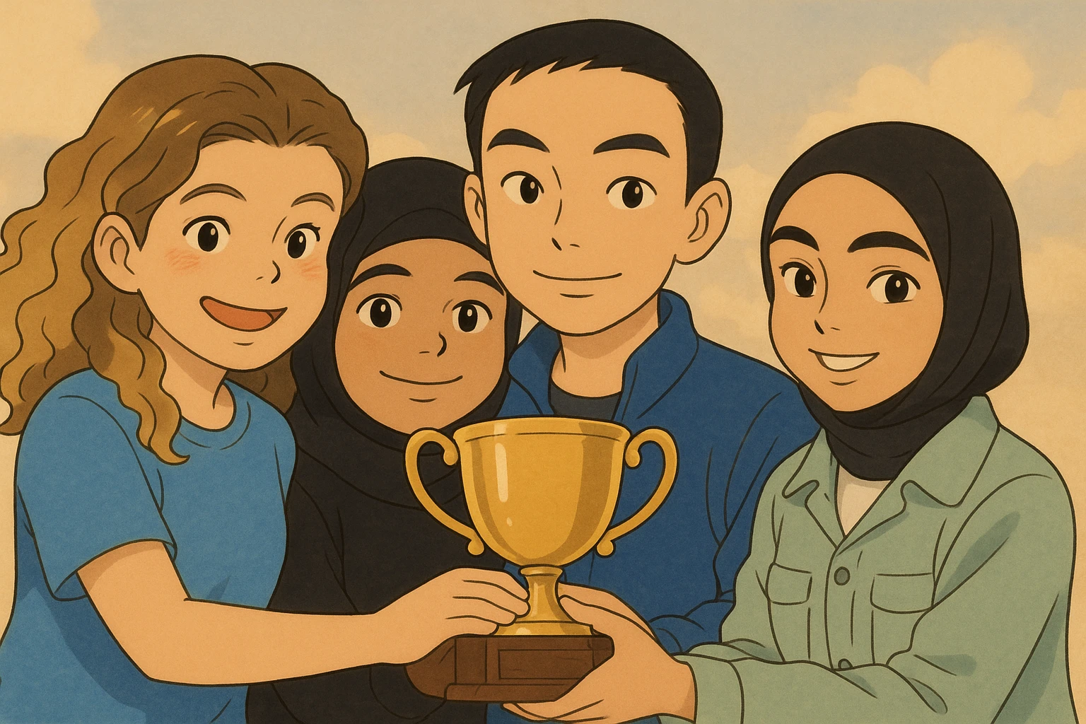 Four characters inspired by the reference photos, in Ghibli style, smiling, holding a trophy together, warm and friendly atmosphere. Generate the fourth variation. emoji