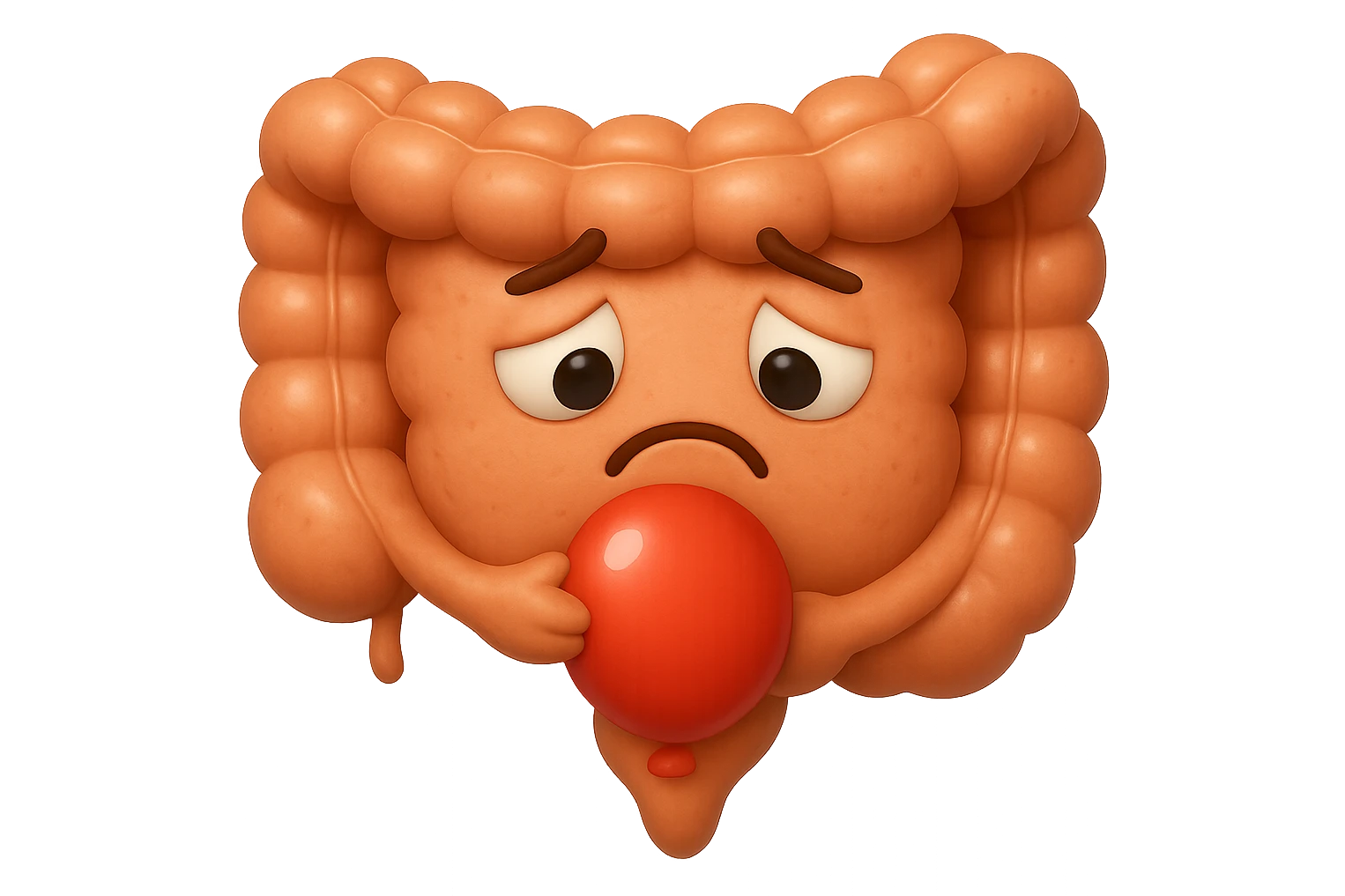 EMOJI STILE IPHONE DI un intestino triste con palloncino rosso sulla pancia, IPERREALISTICO 4K emoji
