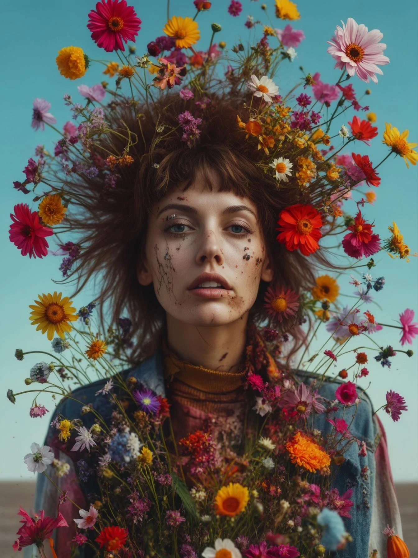 Closeup photo of a woman falling around explosion of a colorfull flowers wearing alternative fashion, blue sky minimalistic background emoji