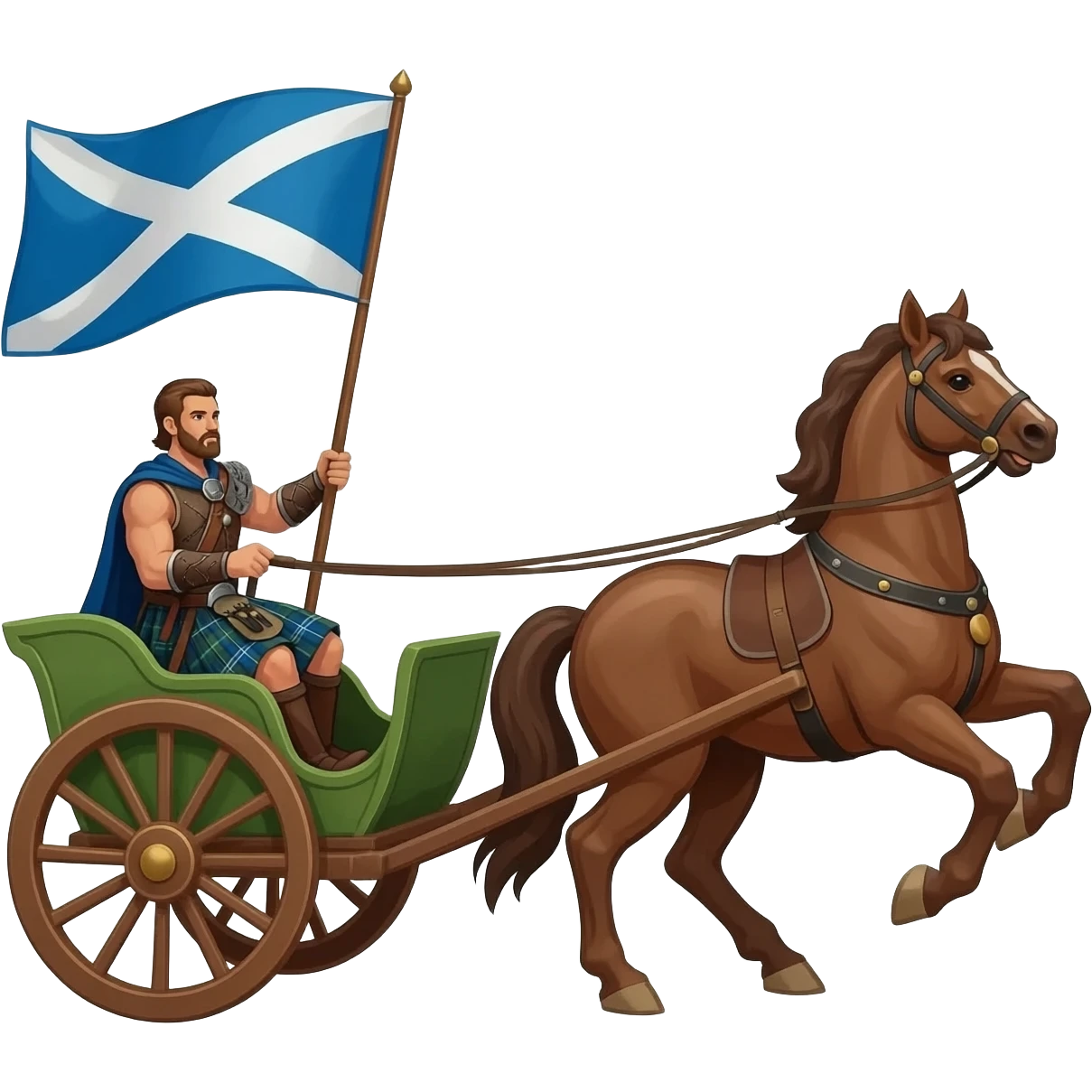 Warrior driving chariot wearing highland dress carrying a Scottish flag emoji
