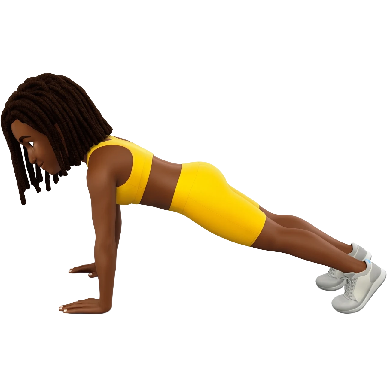 African American dark skin girl with shoulder length dreadlocks In yellow working out clothes doing a plank emoji
