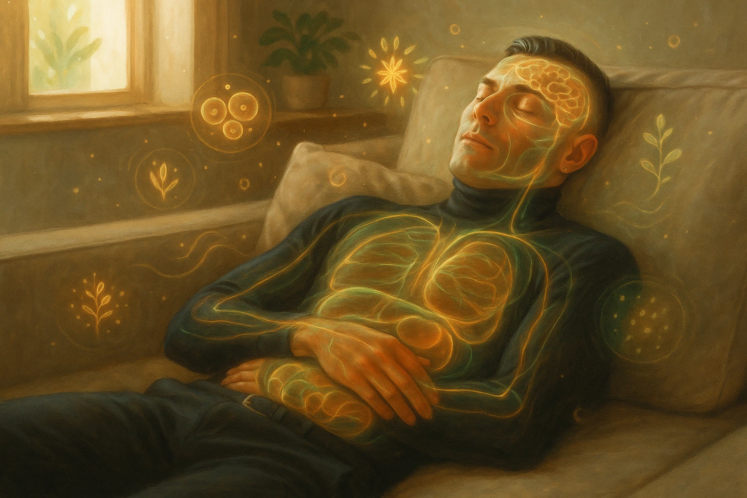 Uomo sdraiato su un divano nel primo pomeriggio, mentre fa un breve riposino. Il suo corpo appare parzialmente trasparente o stilizzato, con luce calda e flussi energetici dorati e verdi che scorrono attraverso muscoli, cervello, e organi. Intorno a lui si vedono piccoli simboli di rigenerazione: cellule che si rinnovano, tessuti che si illuminano, aura rilassata. L'ambiente è calmo e ordinato, luce naturale che entra da una finestra, atmosfera rigenerante, stile realistico con accenti metaforici. emoji
